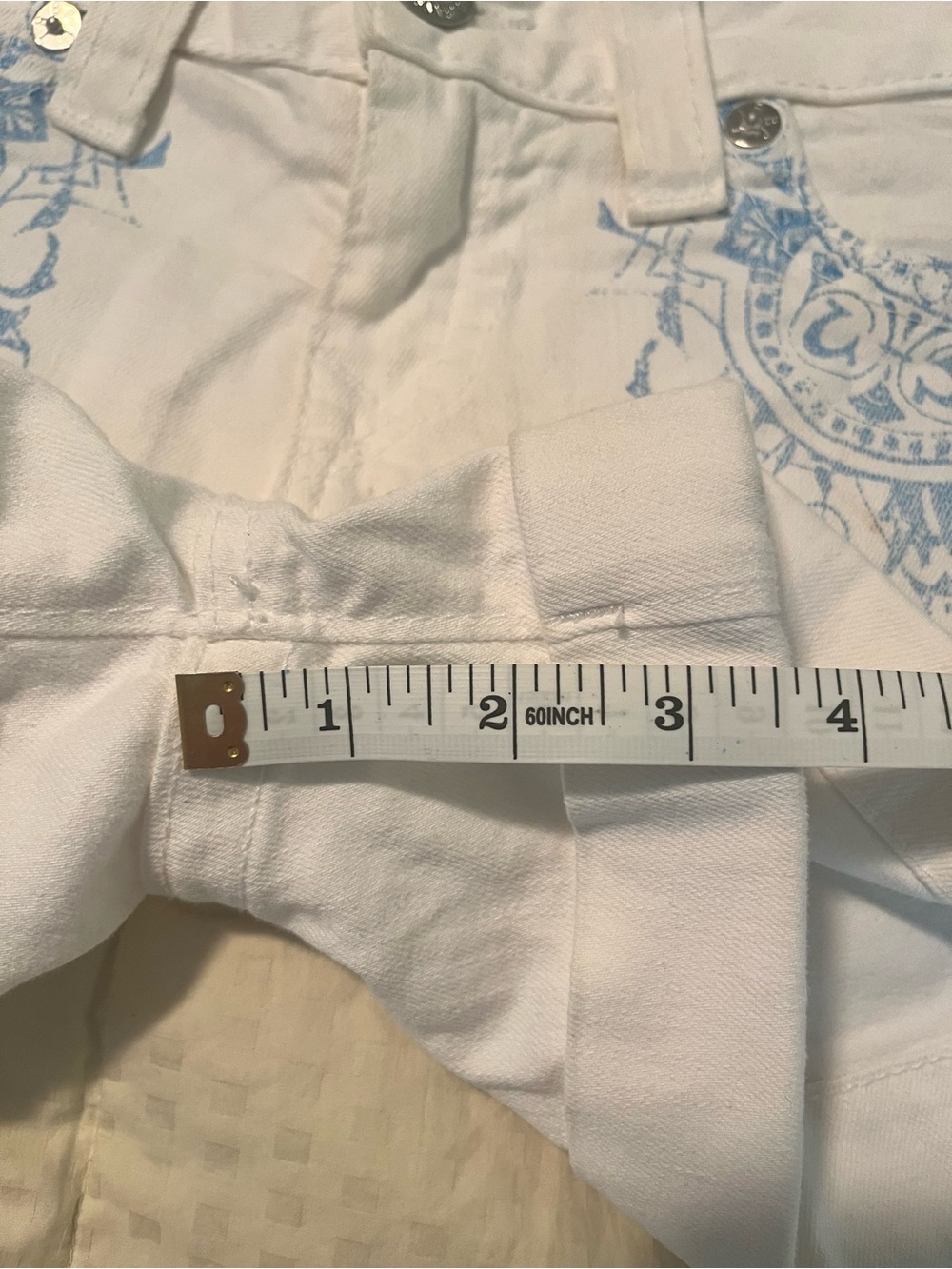 True Religion White Denim Shorts with Light Blue Scroll Print - Picture 9 of 12